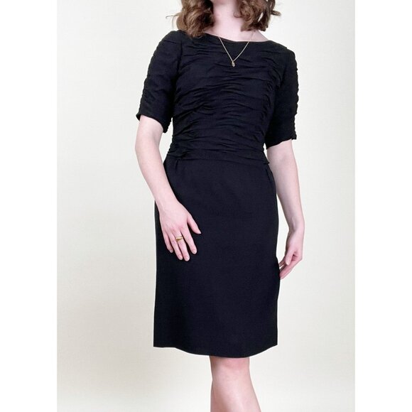 Vintage 1960s Little Black Dress Mini Midi Pleated Drape Preppy Bow Handmade 60s - Picture 7 of 7